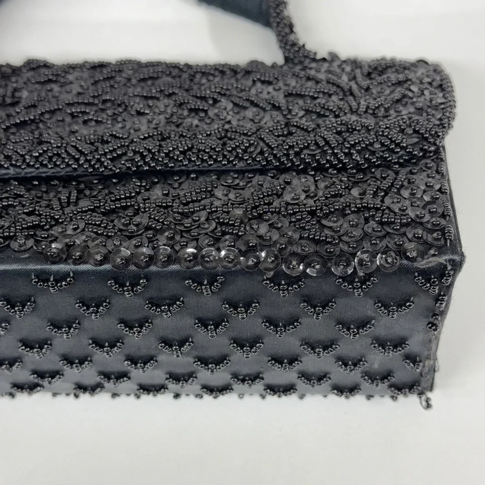 Vintage 1950s Black Beaded Sequin Evening Bag Clutch Purse Handmade‎ Hong Kong